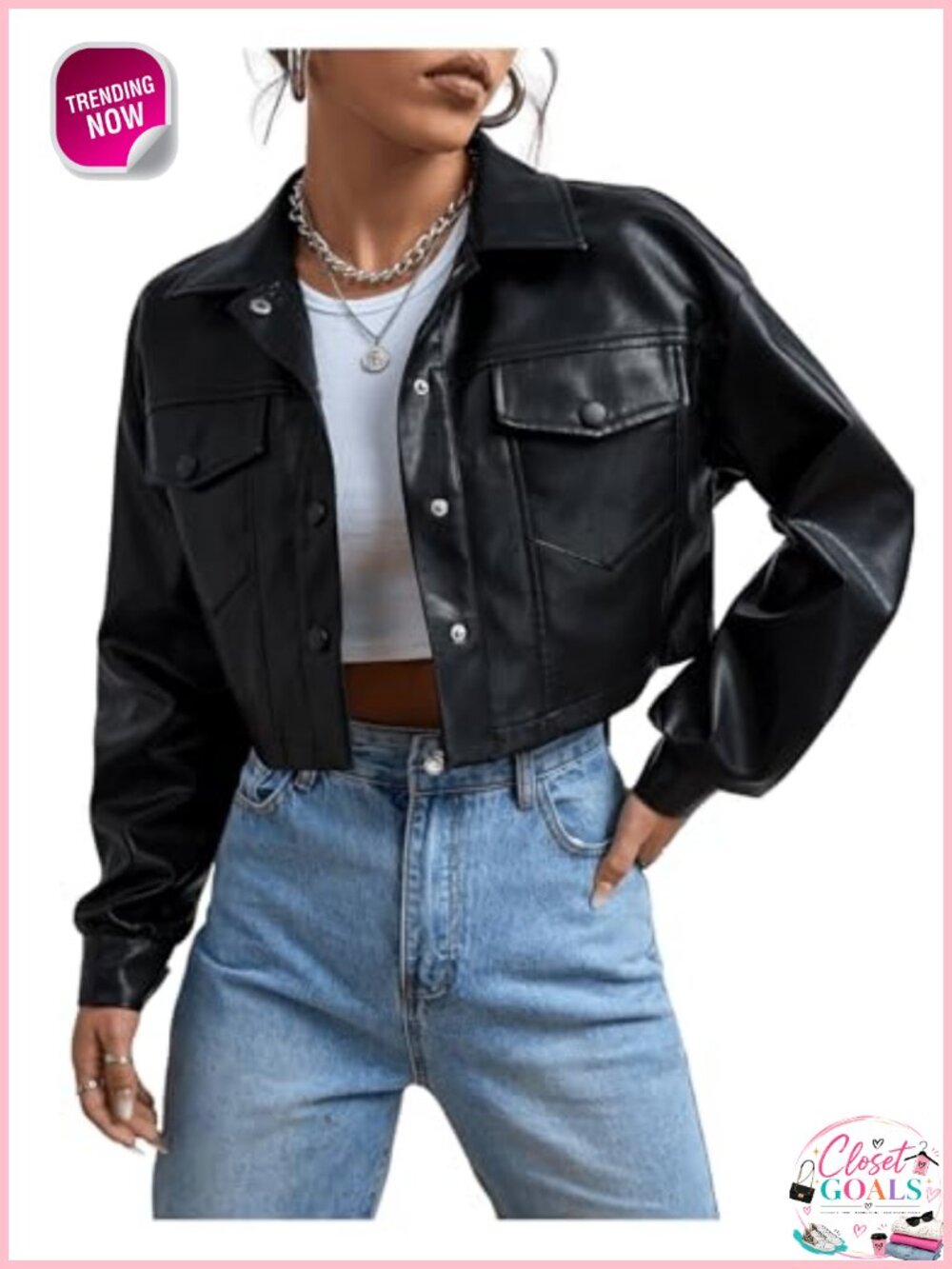 Faux Leather Cropped Moto Biker Jacket Button Down Moto Coat